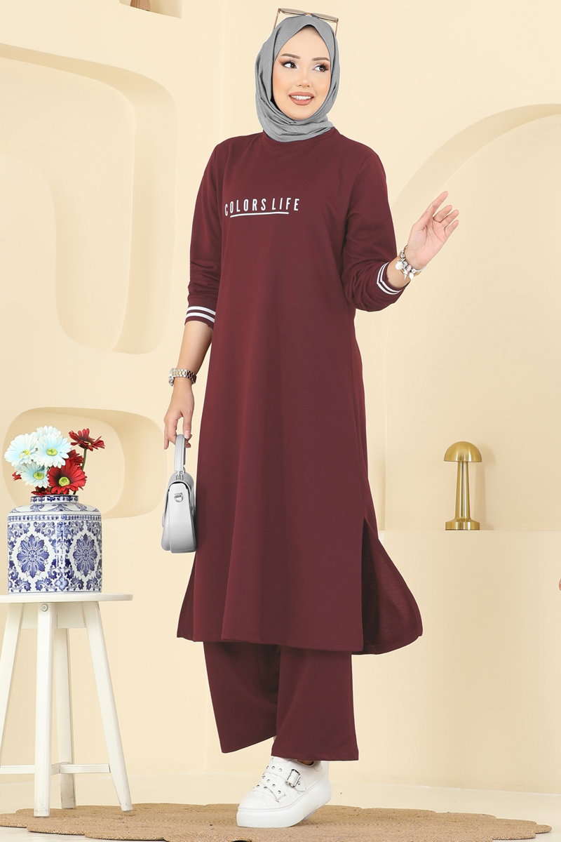 Set with Ribbed Cuffs - Light Burgundy