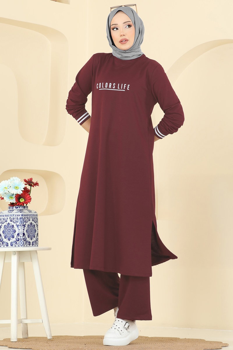Set with Ribbed Cuffs - Light Burgundy