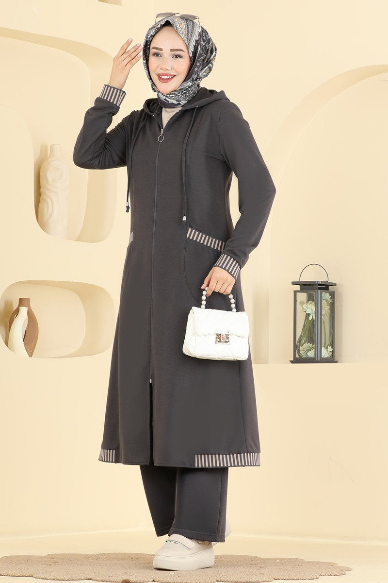 Two-Piece Set with Ribbed Cuffs - Charcoal