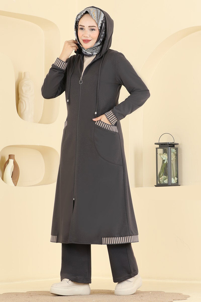 Two-Piece Set with Ribbed Cuffs - Charcoal