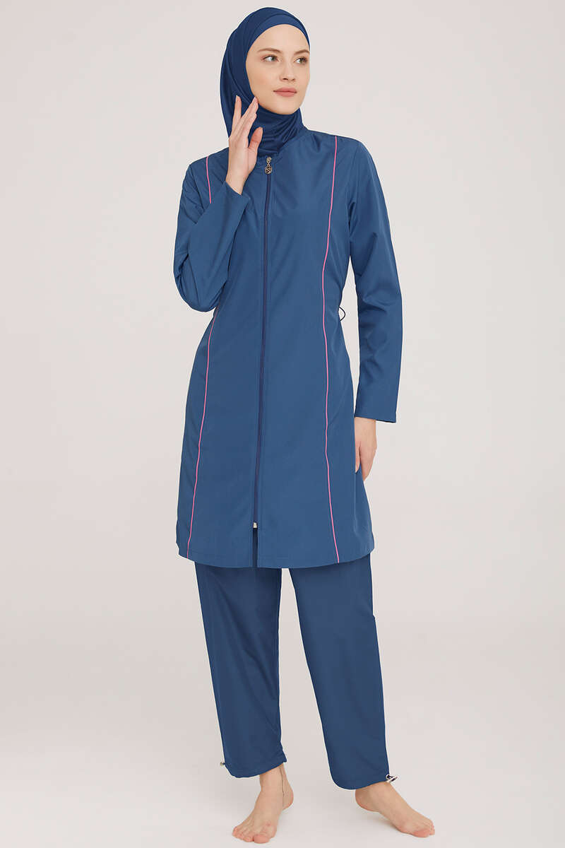 Zip Modest Swimsuit with Metal Badge - Light Navy