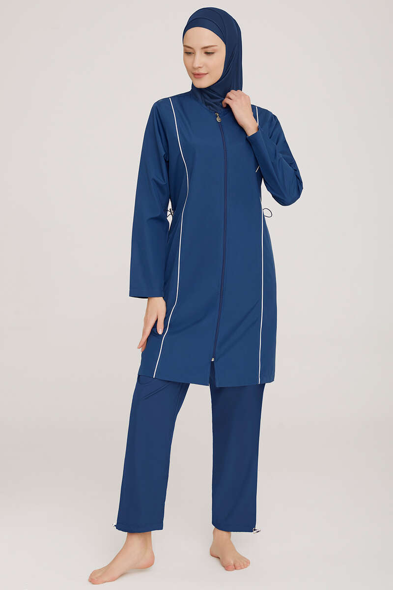 Zip Modest Swimsuit with Metal Badge - Dark Navy