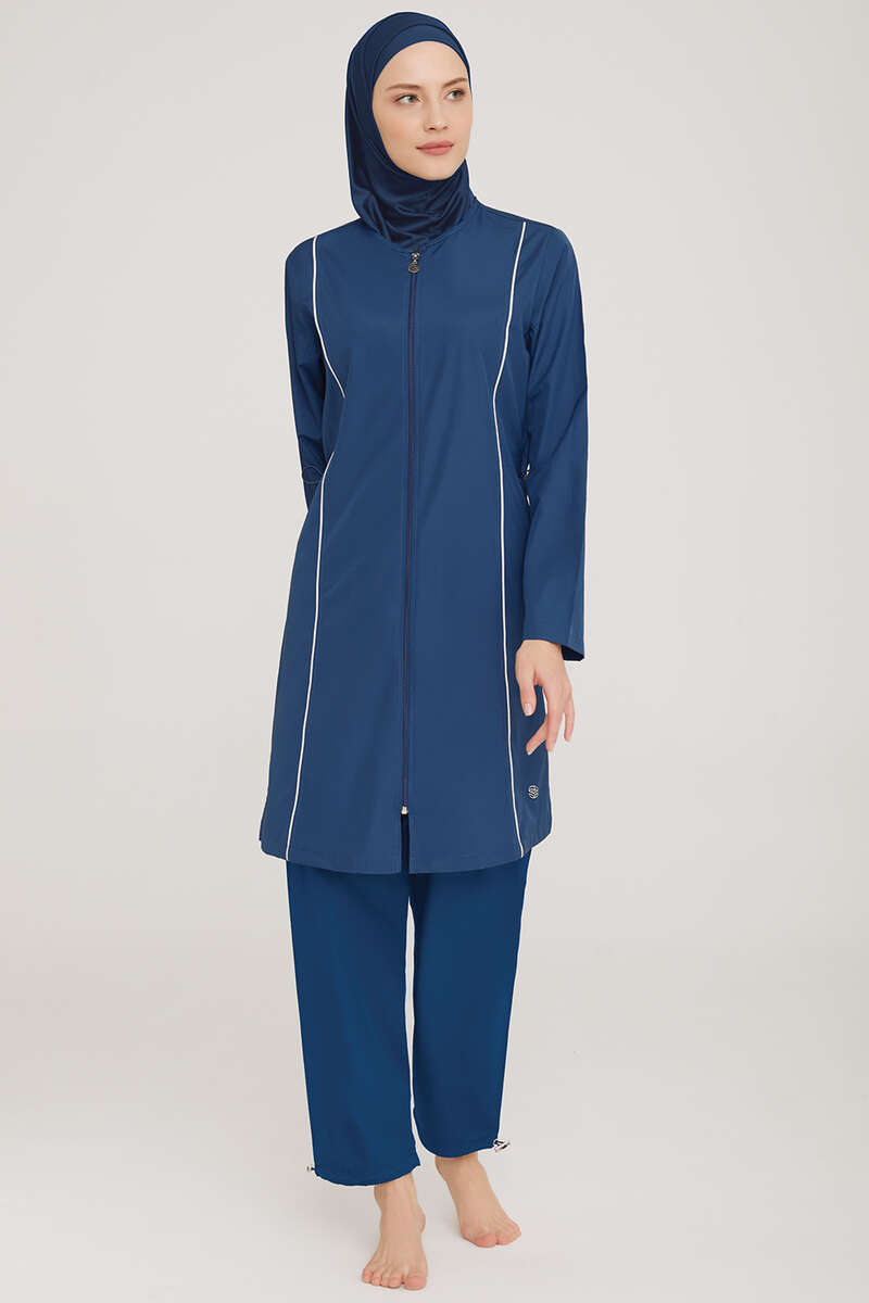 Zip Modest Swimsuit with Metal Badge - Dark Navy