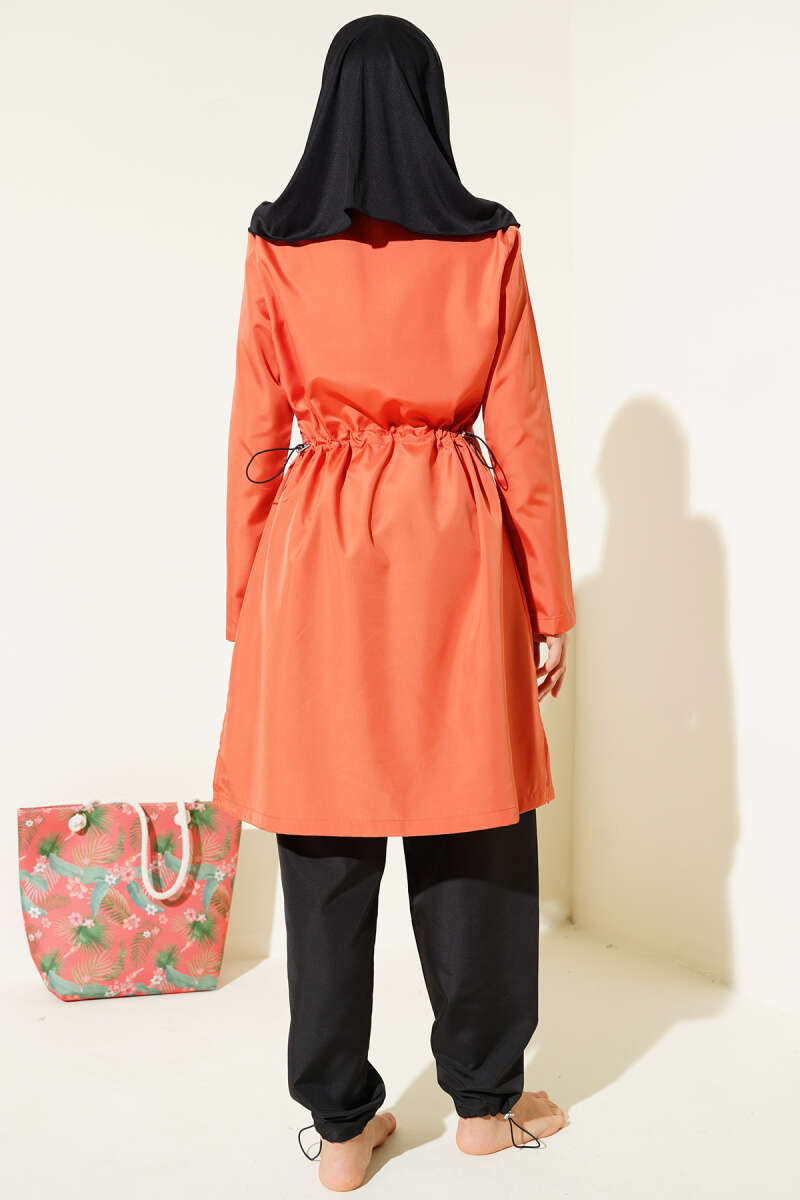 Zip Modest Swimsuit with Metal Badge - Cinnamon