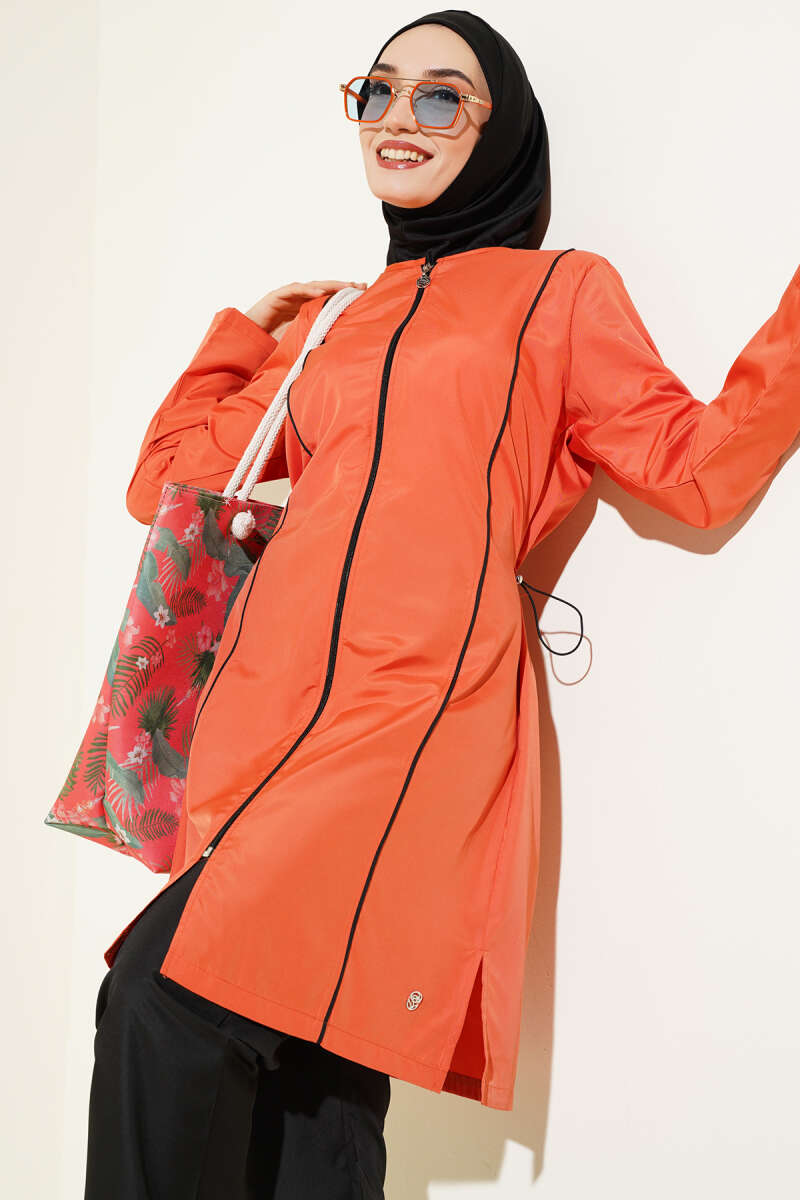 Zip Modest Swimsuit with Metal Badge - Cinnamon