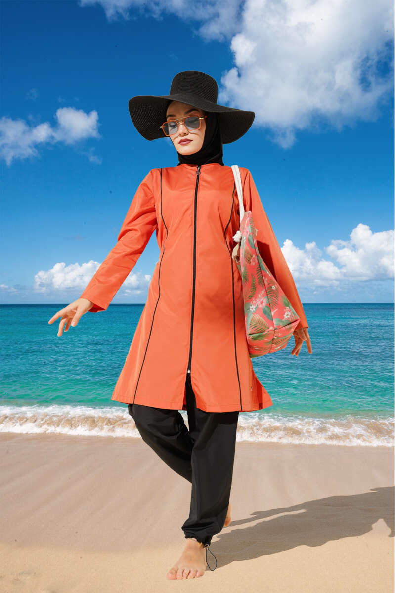 Zip Modest Swimsuit with Metal Badge - Cinnamon