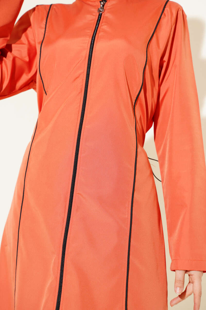 Zip Modest Swimsuit with Metal Badge - Cinnamon