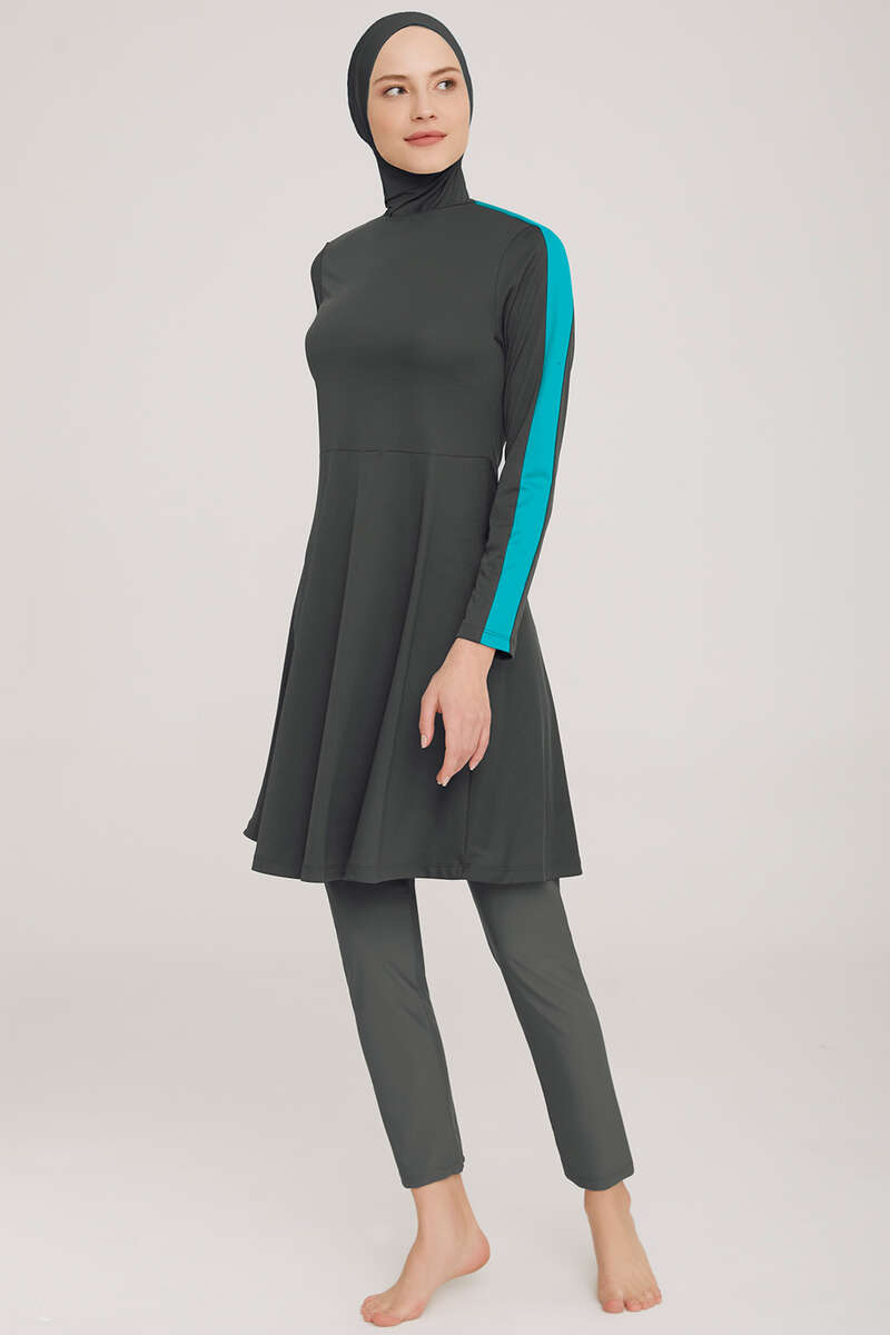 Stretch Modest Swimsuit with Metal Badge - Charcoal