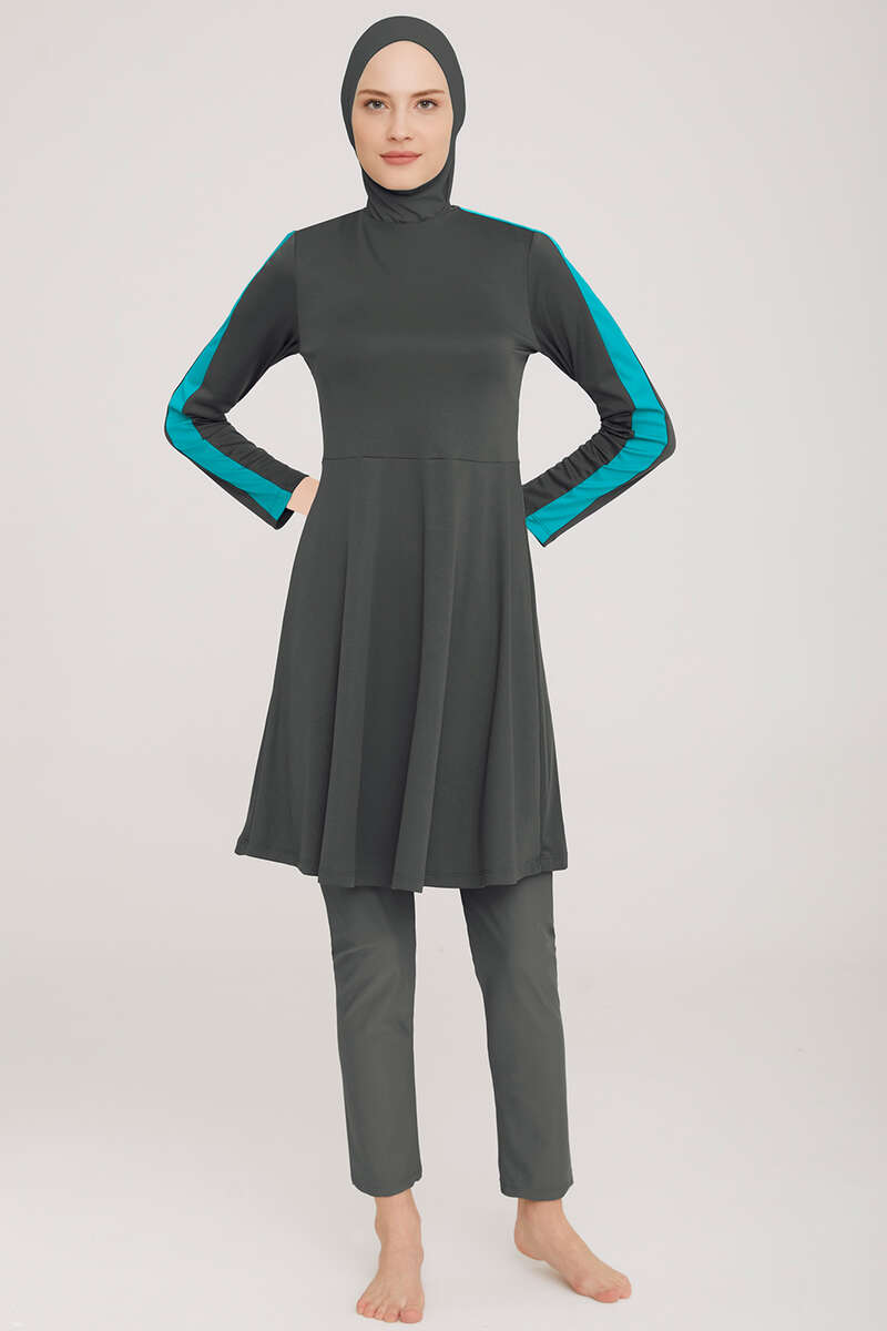 Stretch Modest Swimsuit with Metal Badge - Charcoal