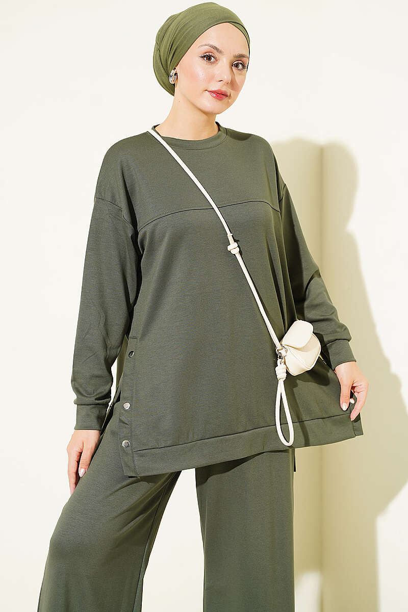Two-Piece Set with Metal Snap Detail - Khaki