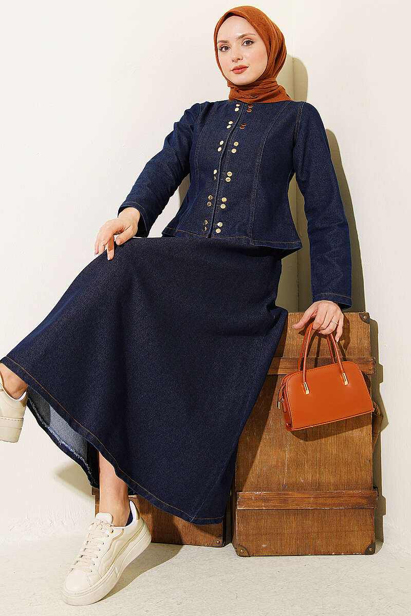Denim Skirt Set with Metal Snap Buttons - Classic Denim