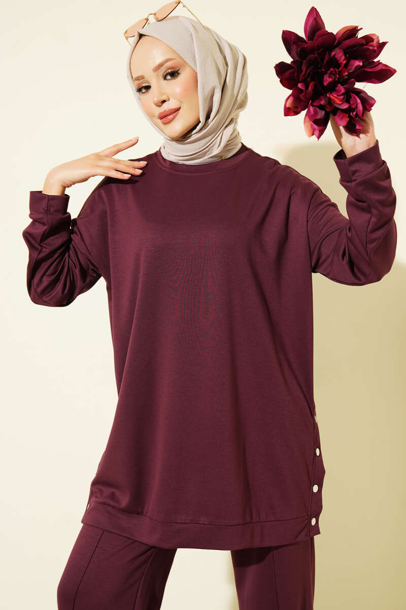 Basic Two-Piece Set with Metal Snaps - Plum