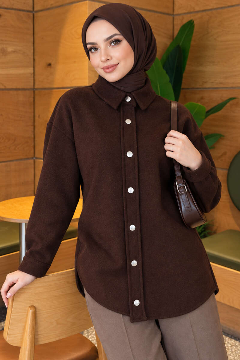 Metal Snap-Button Jacket - Dark Brown