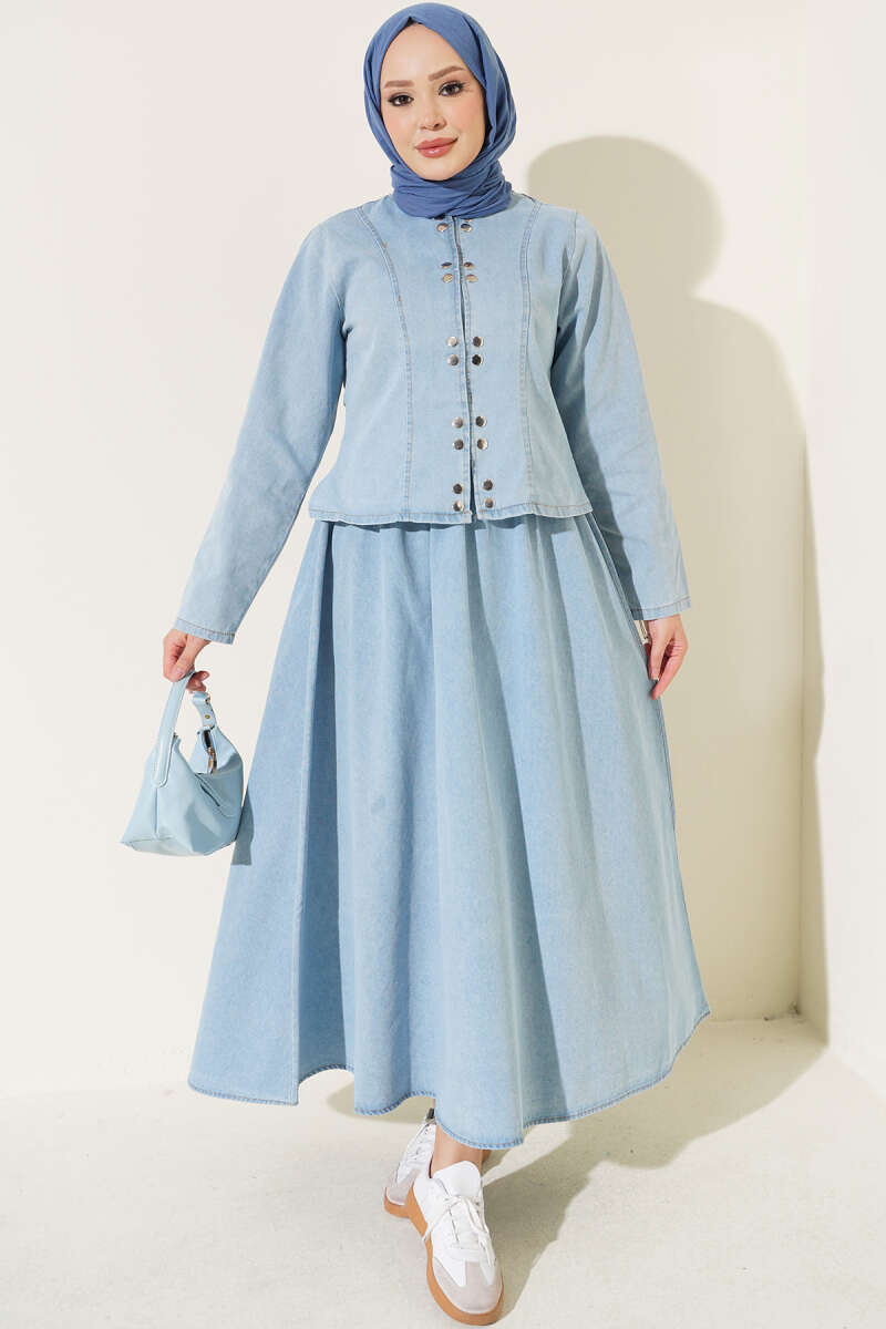Two-Piece Skirt Set with Metal Snaps - Light Blue