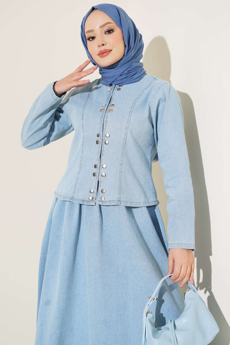 Two-Piece Skirt Set with Metal Snaps - Light Blue