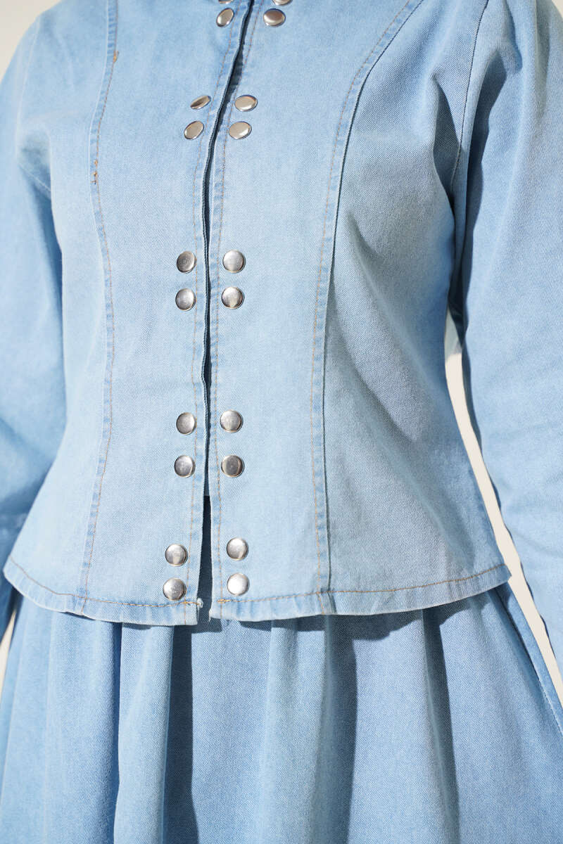 Two-Piece Skirt Set with Metal Snaps - Light Blue