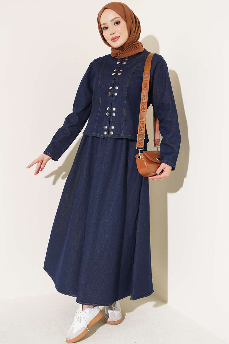 Two-Piece Skirt Set with Metal Snaps - Dark Blue
