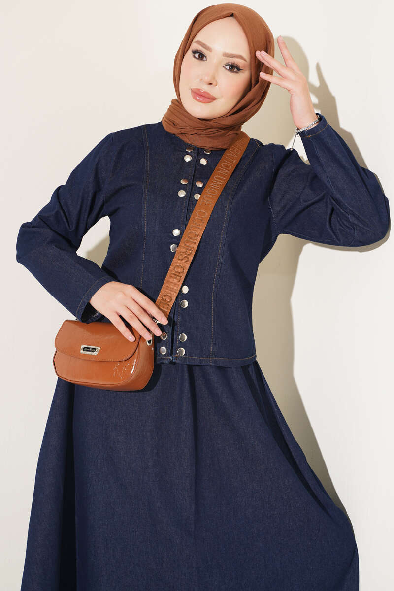 Two-Piece Skirt Set with Metal Snaps - Dark Blue