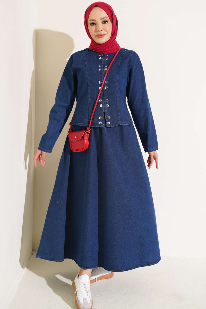 Two-Piece Skirt Set with Metal Snaps - Blue