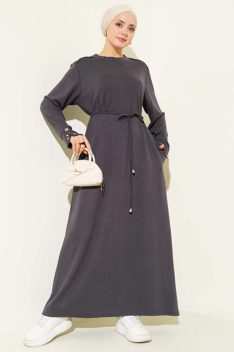 Lace-Up Dress with Metal Button Trim - Smoke Grey