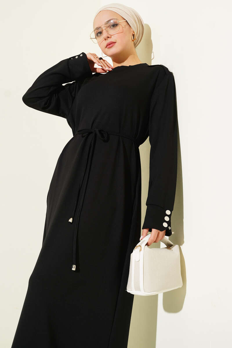 Lace-Up Dress with Metal Button Trim - Black
