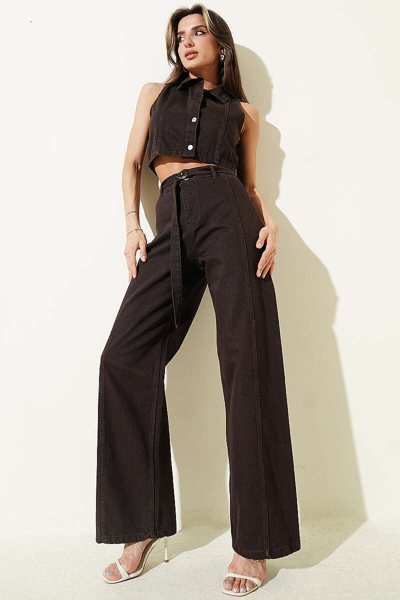 Denim Two-Piece Set with Cropped Vest and Metal Buttons - Brown