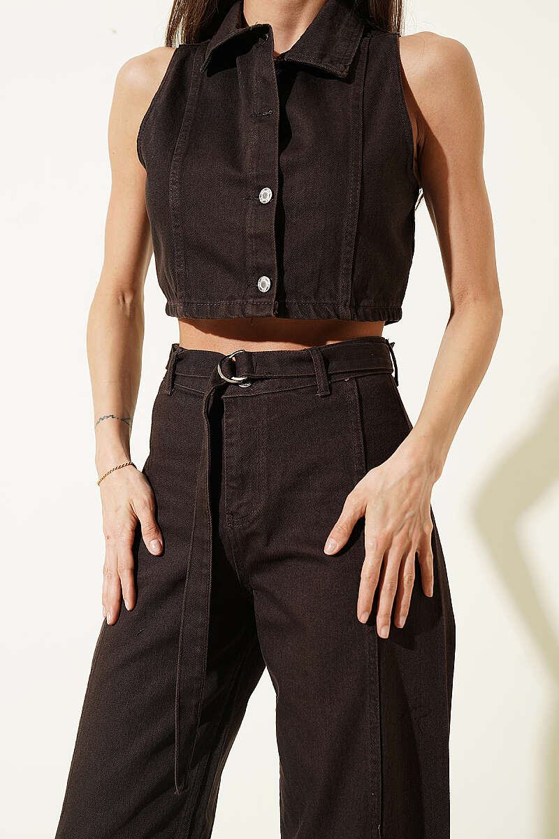 Denim Two-Piece Set with Cropped Vest and Metal Buttons - Brown