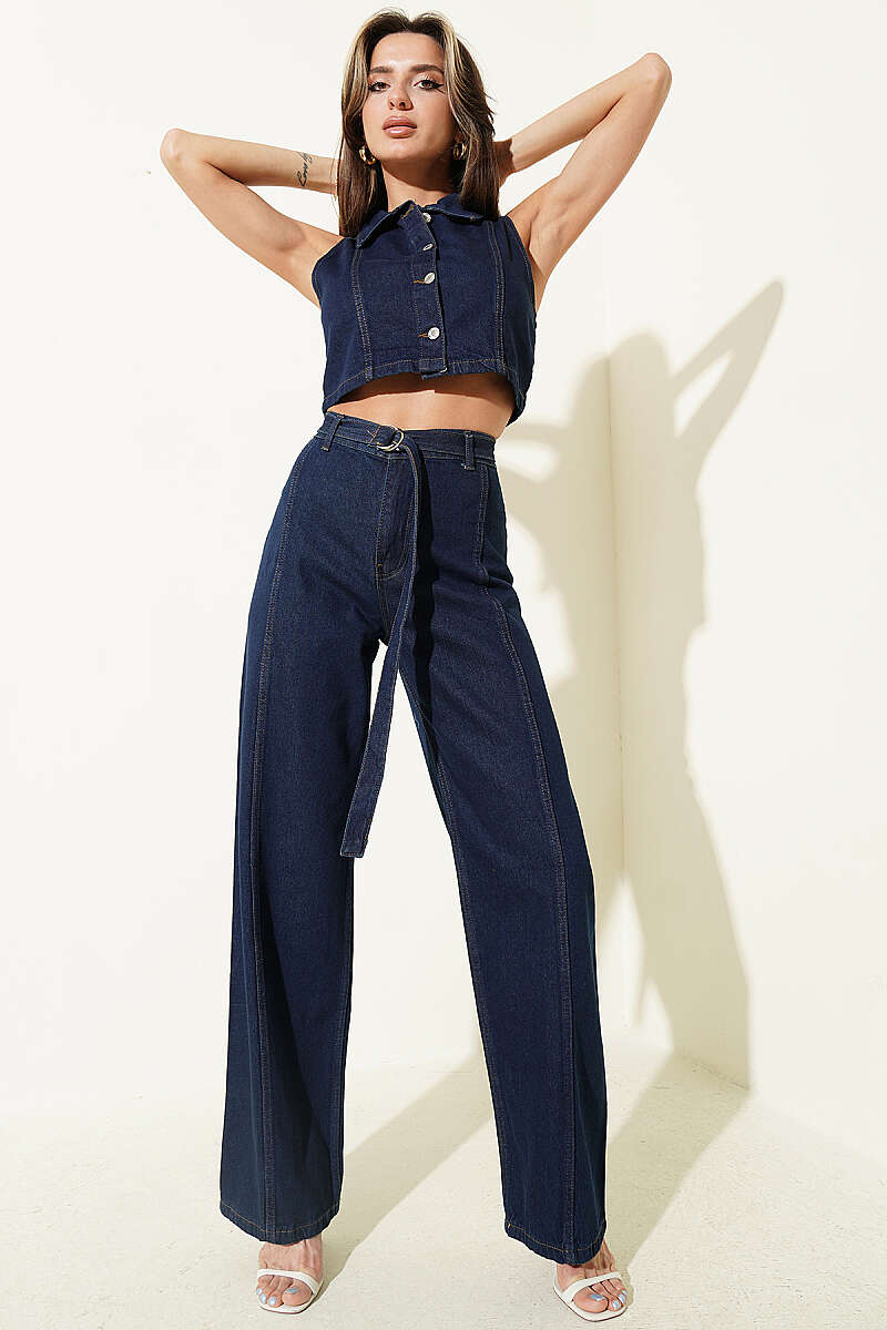 Denim Two-Piece Set with Cropped Vest and Metal Buttons - Classic Denim