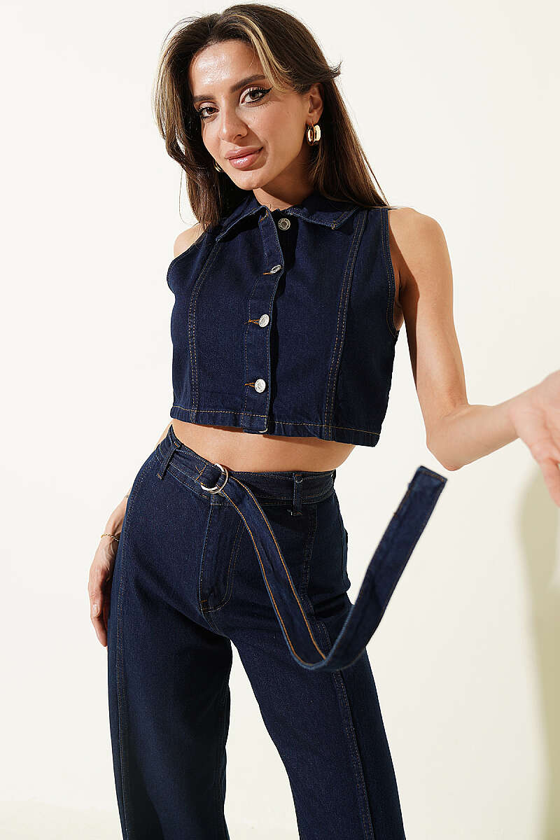 Denim Two-Piece Set with Cropped Vest and Metal Buttons - Classic Denim