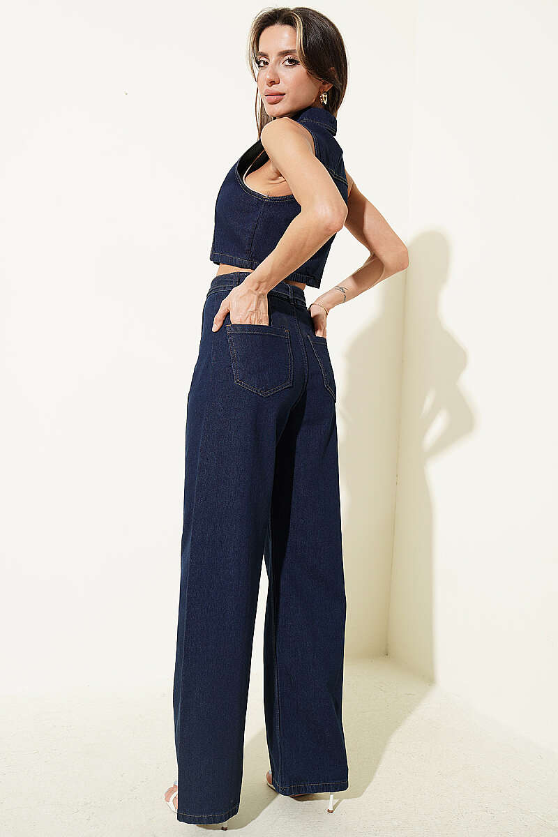 Denim Two-Piece Set with Cropped Vest and Metal Buttons - Classic Denim