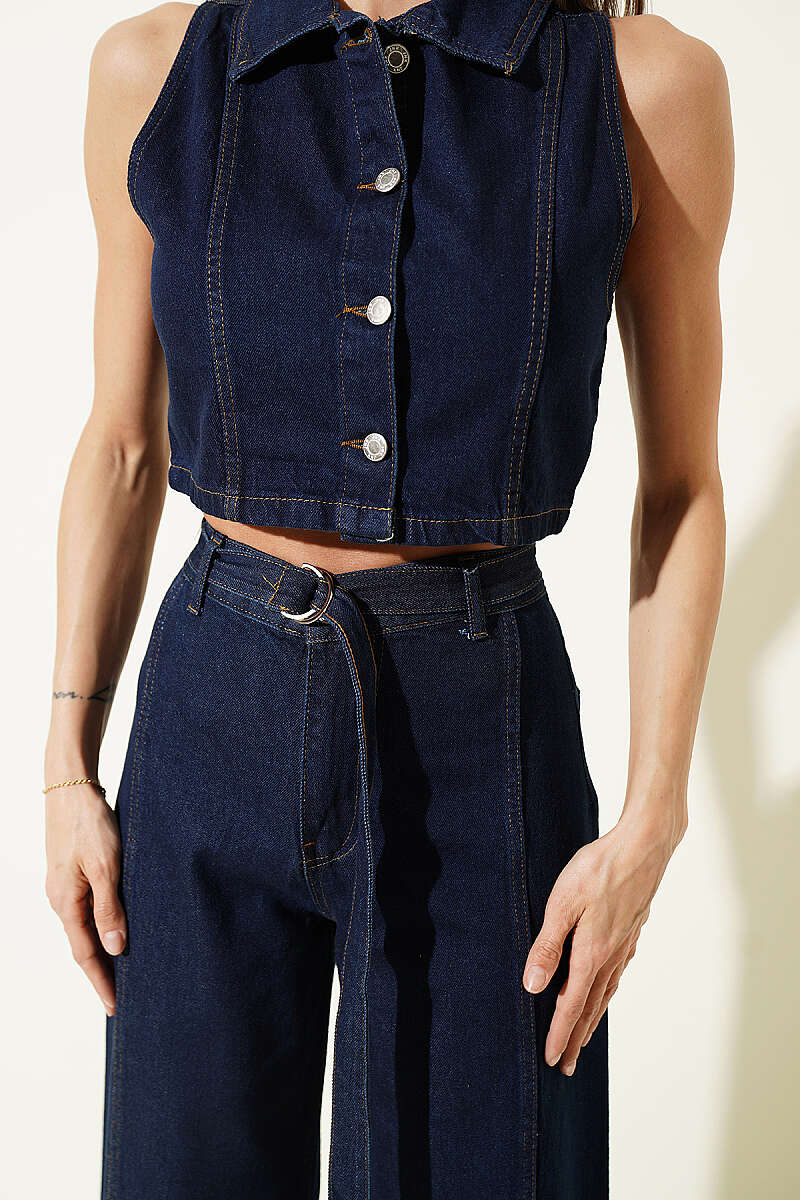 Denim Two-Piece Set with Cropped Vest and Metal Buttons - Classic Denim