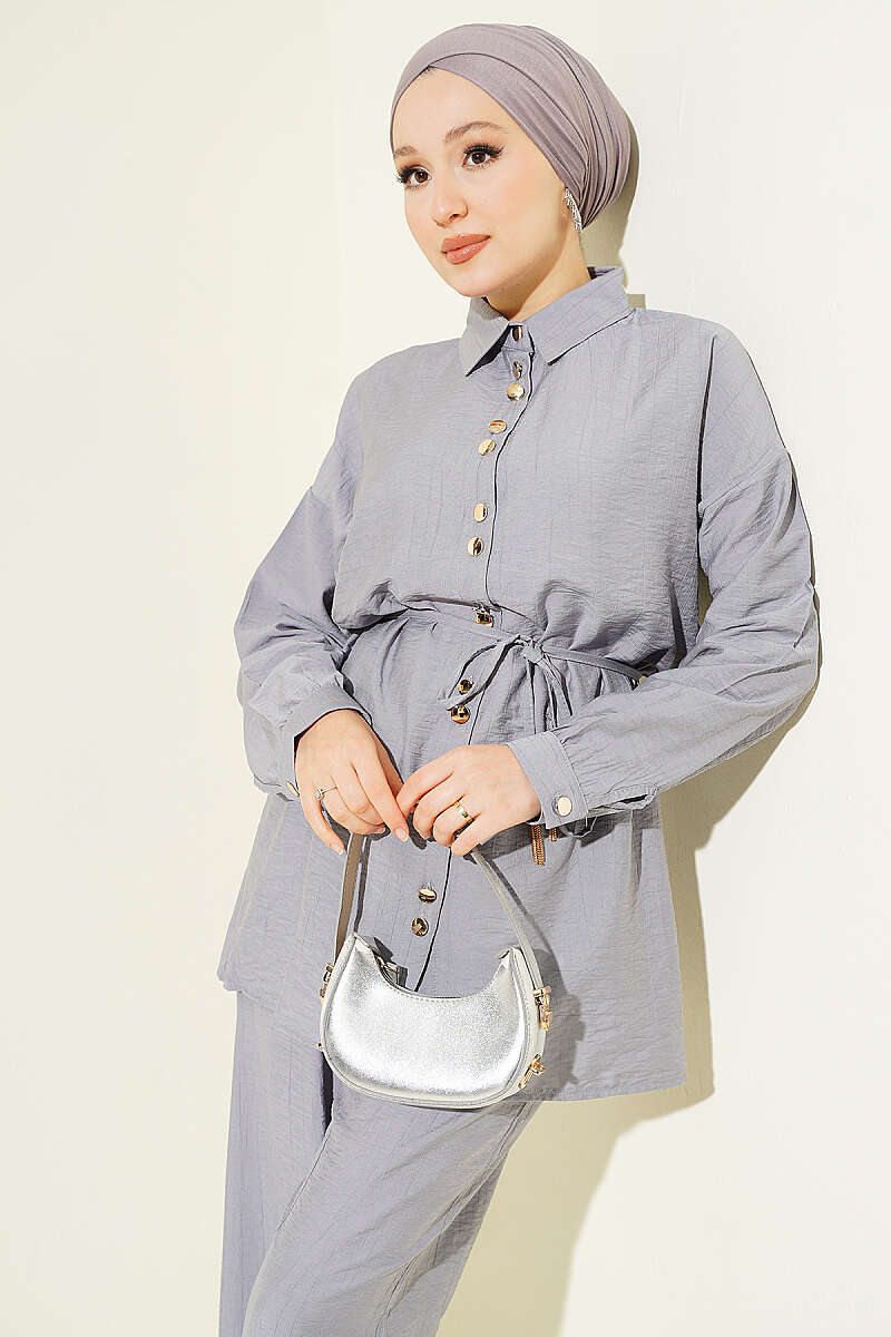 Two-Piece Set with Metal Buttons and Cord Belt - Grey