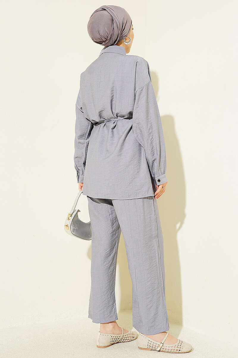 Two-Piece Set with Metal Buttons and Cord Belt - Grey
