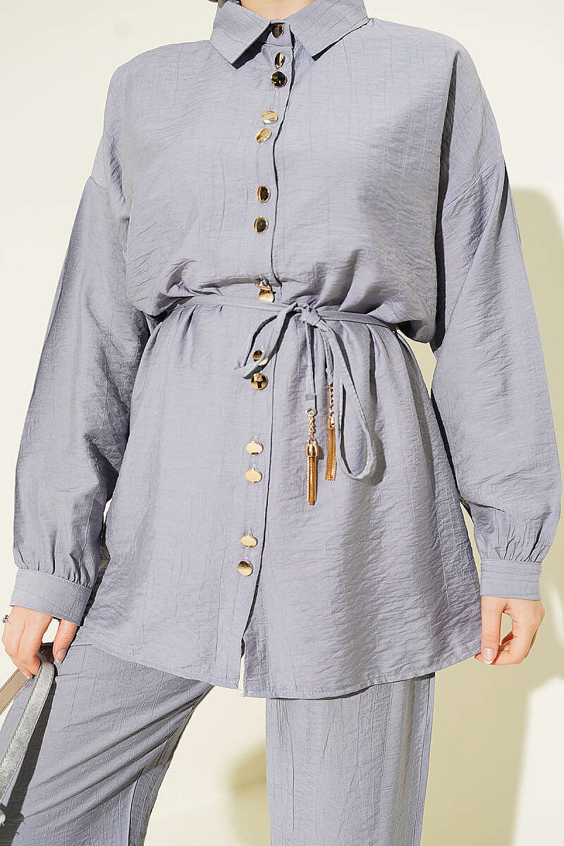 Two-Piece Set with Metal Buttons and Cord Belt - Grey