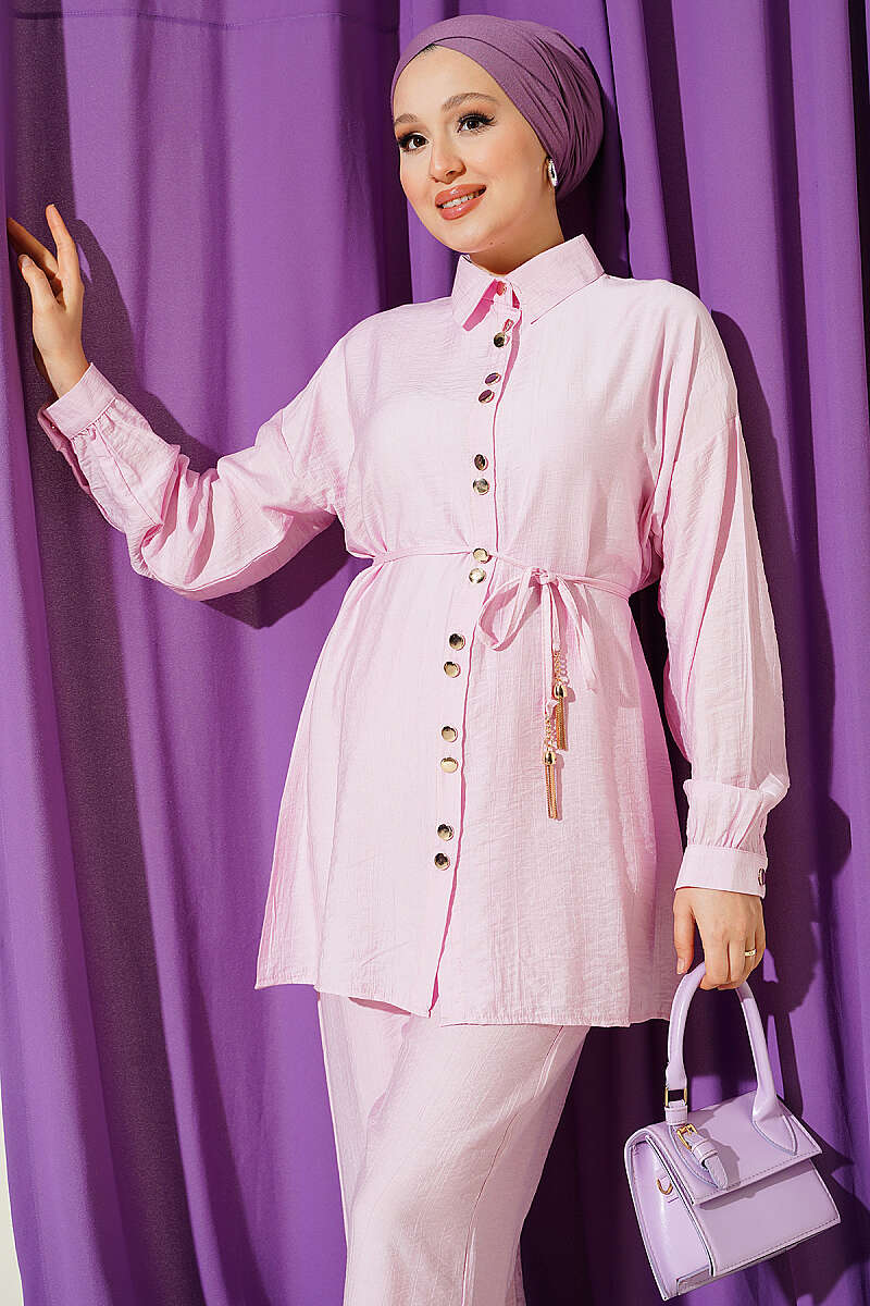 Two-Piece Set with Metal Buttons and Cord Belt - Pink