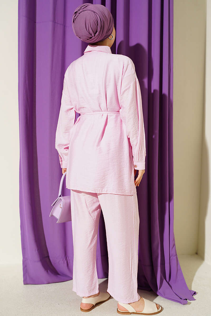 Two-Piece Set with Metal Buttons and Cord Belt - Pink