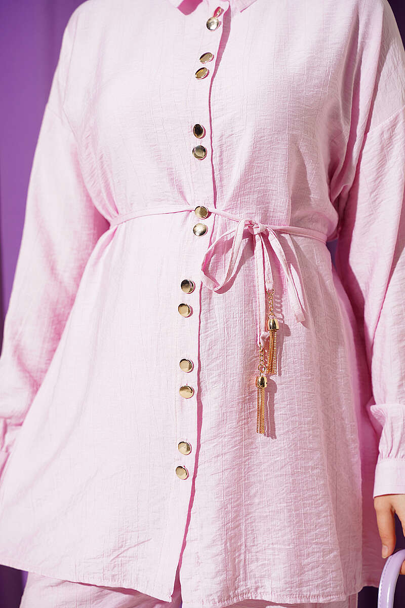 Two-Piece Set with Metal Buttons and Cord Belt - Pink