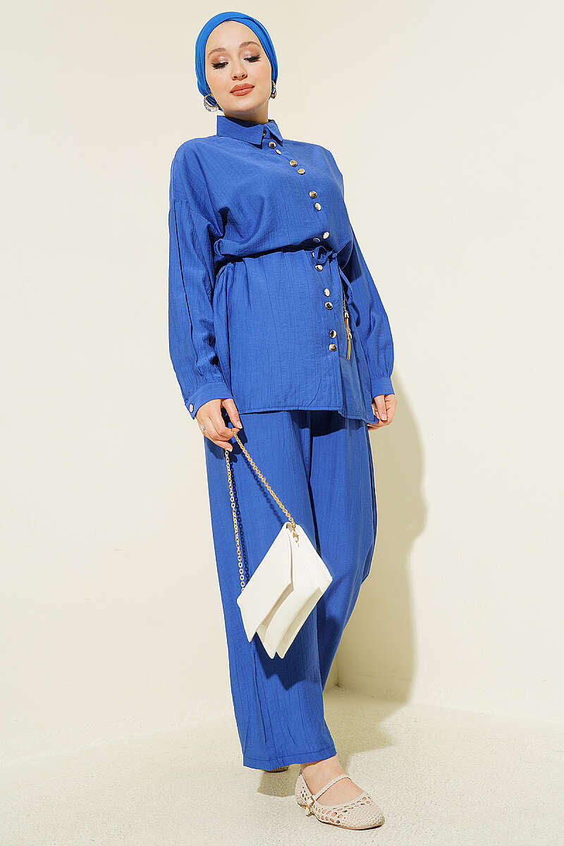 Two-Piece Set with Metal Buttons and Cord Belt - Saxe Blue