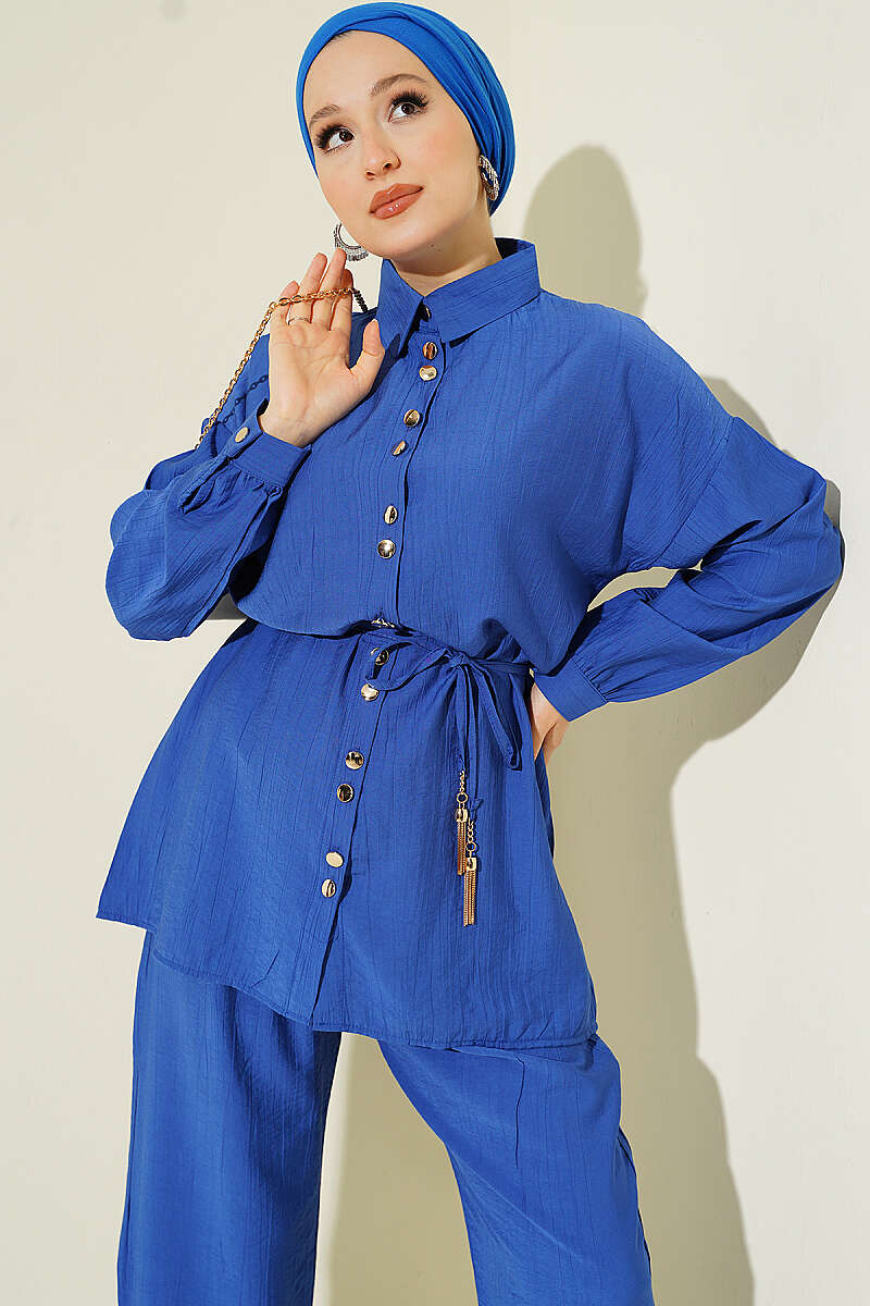 Two-Piece Set with Metal Buttons and Cord Belt - Saxe Blue