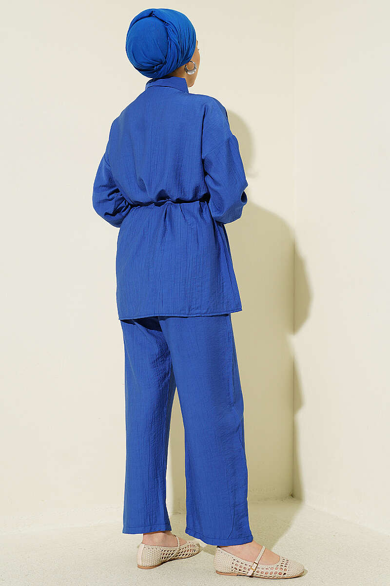 Two-Piece Set with Metal Buttons and Cord Belt - Saxe Blue
