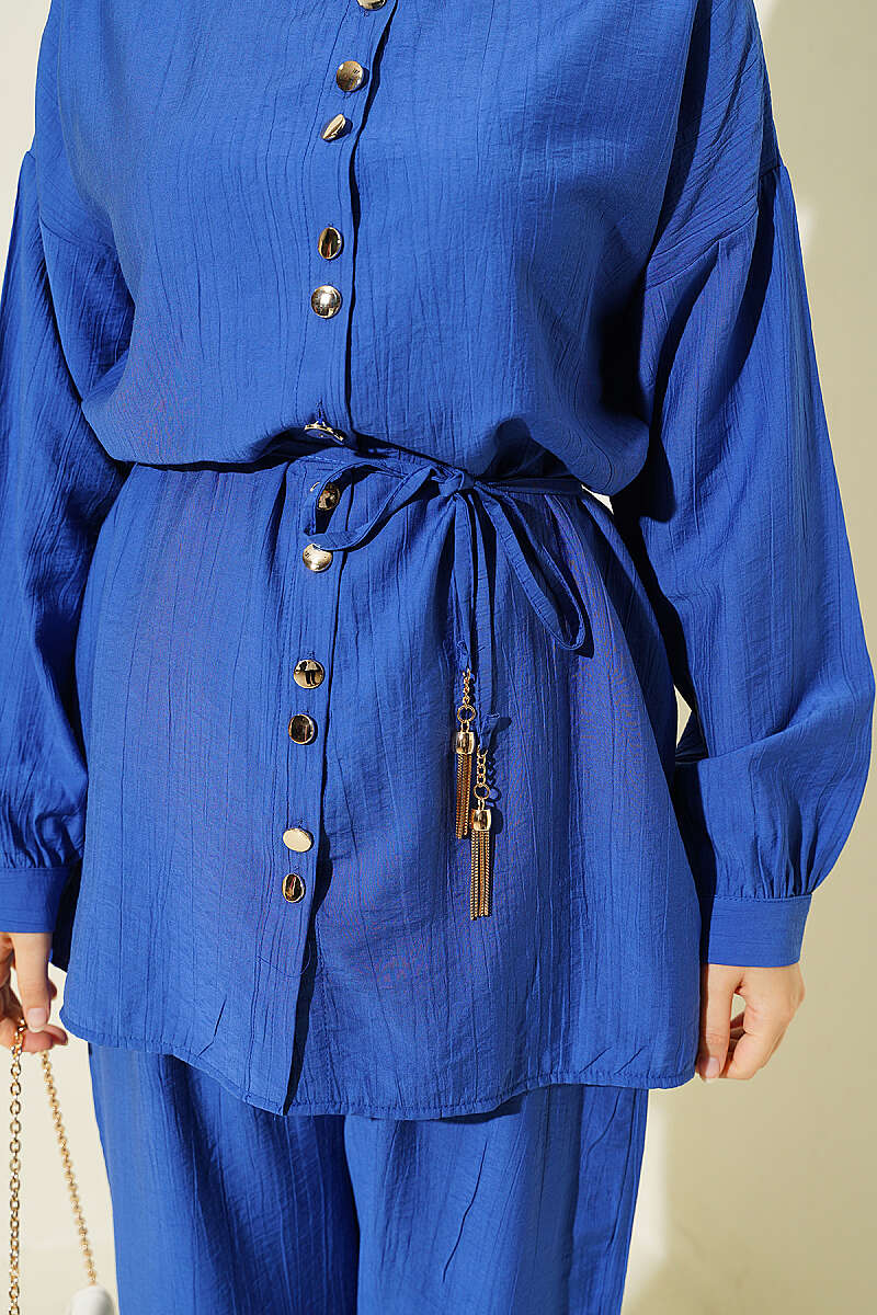 Two-Piece Set with Metal Buttons and Cord Belt - Saxe Blue