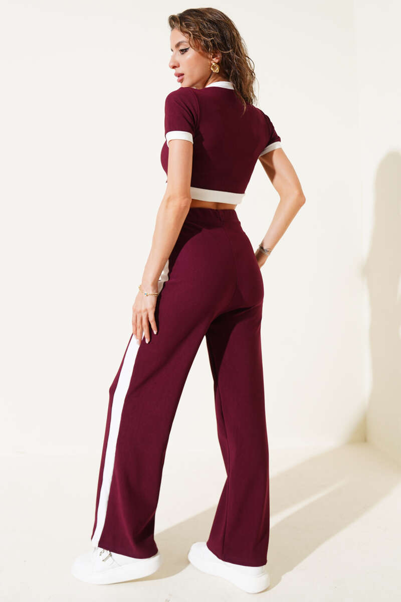 Ribbed Crop Two-Piece Set with Metal Buttons - Burgundy