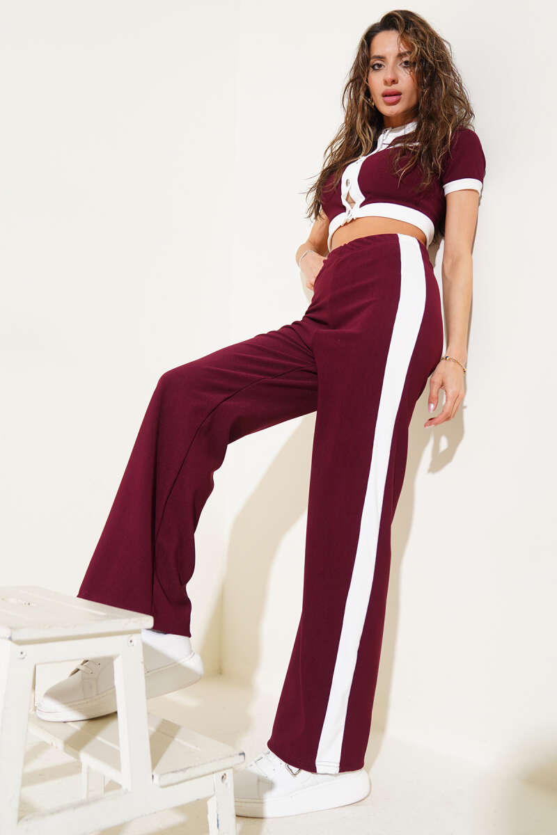 Ribbed Crop Two-Piece Set with Metal Buttons - Burgundy