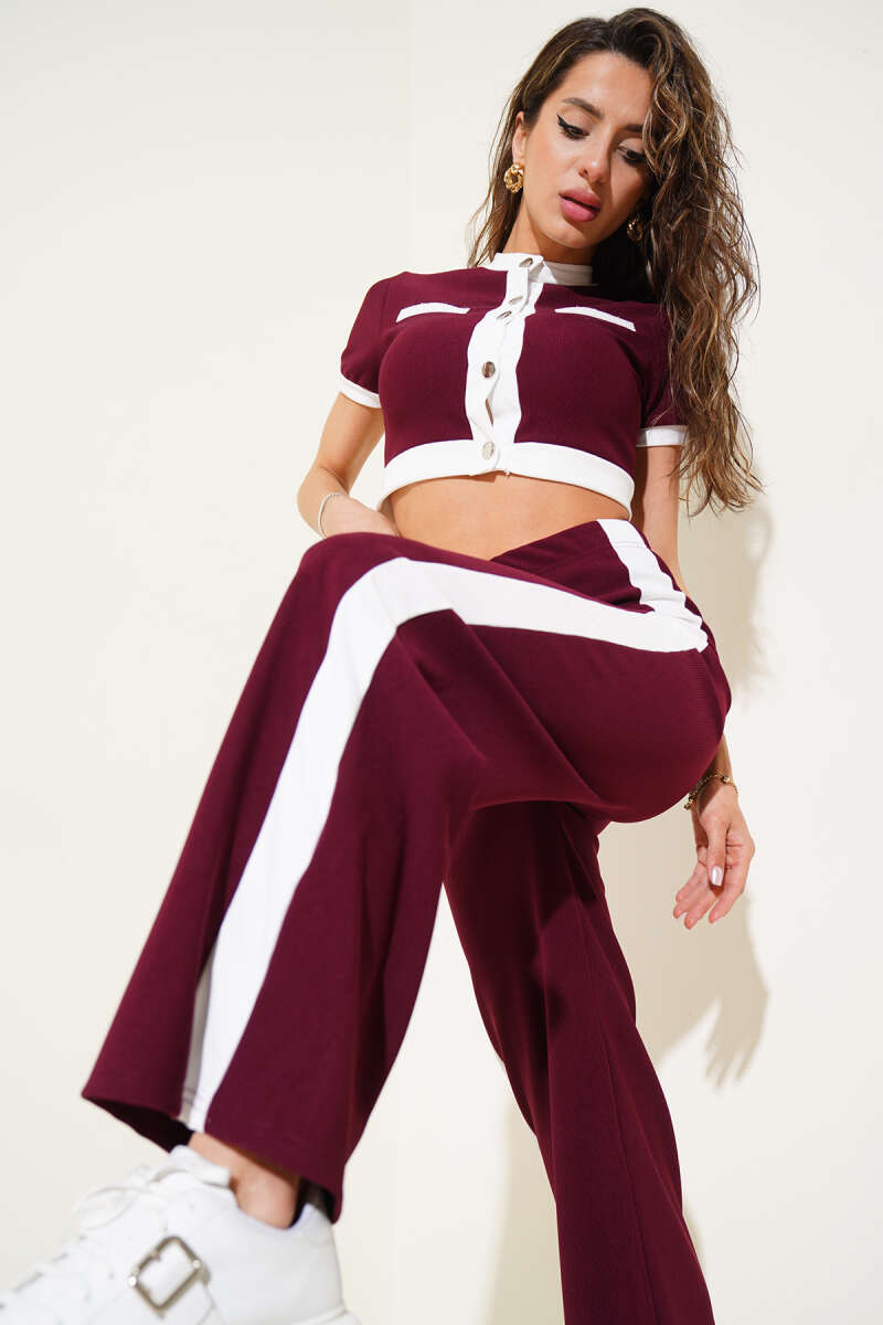 Ribbed Crop Two-Piece Set with Metal Buttons - Burgundy