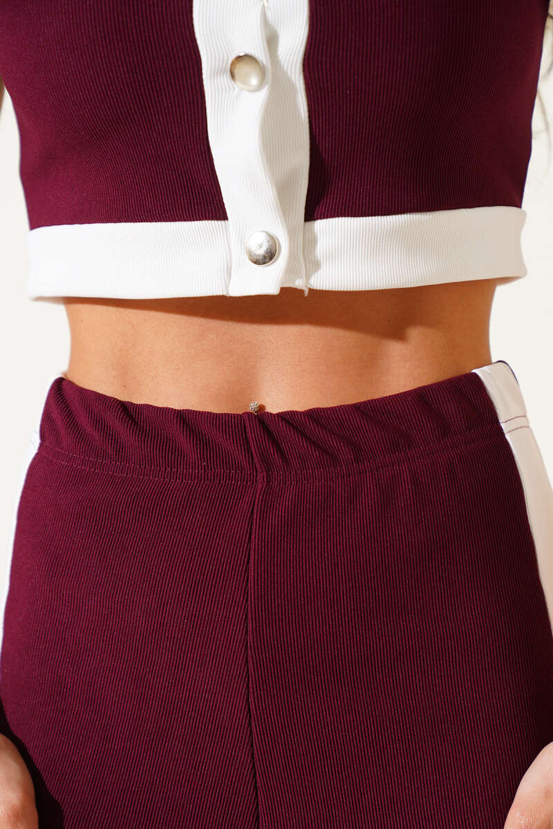 Ribbed Crop Two-Piece Set with Metal Buttons - Burgundy