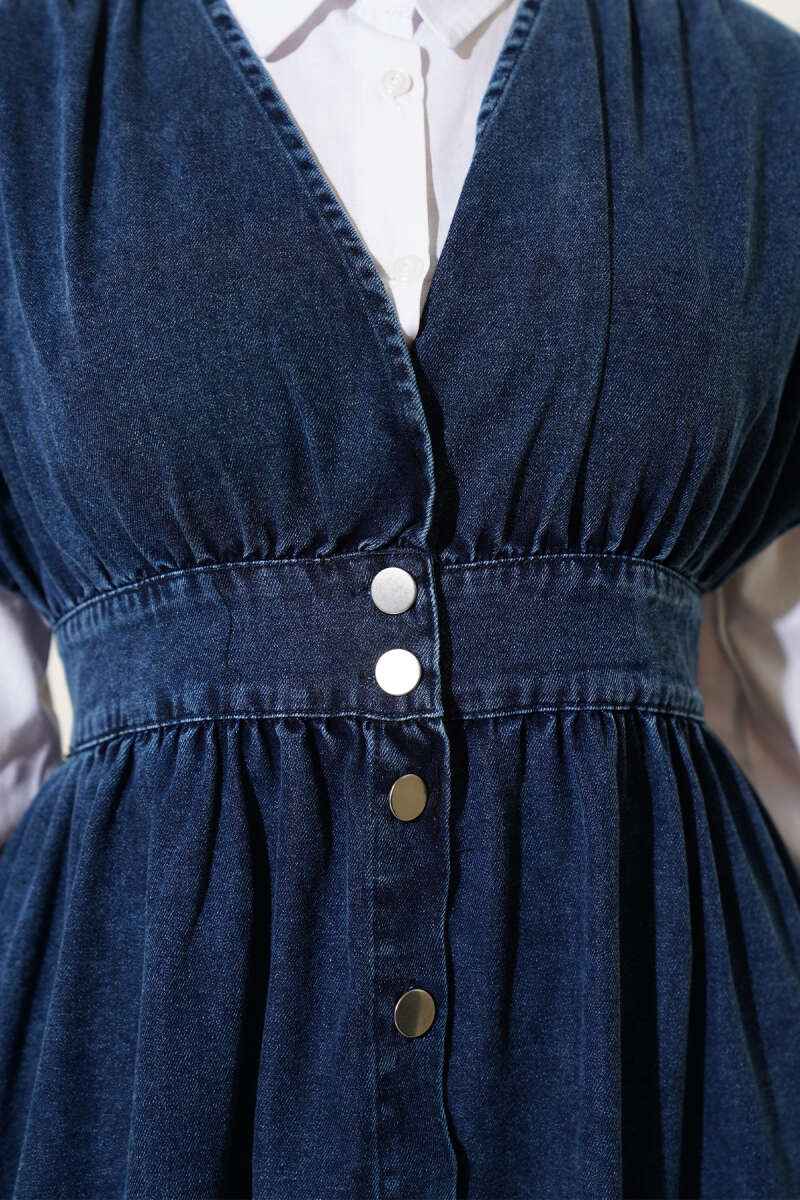 Sleeveless Denim Dress with Metal Buttons - Dark Blue