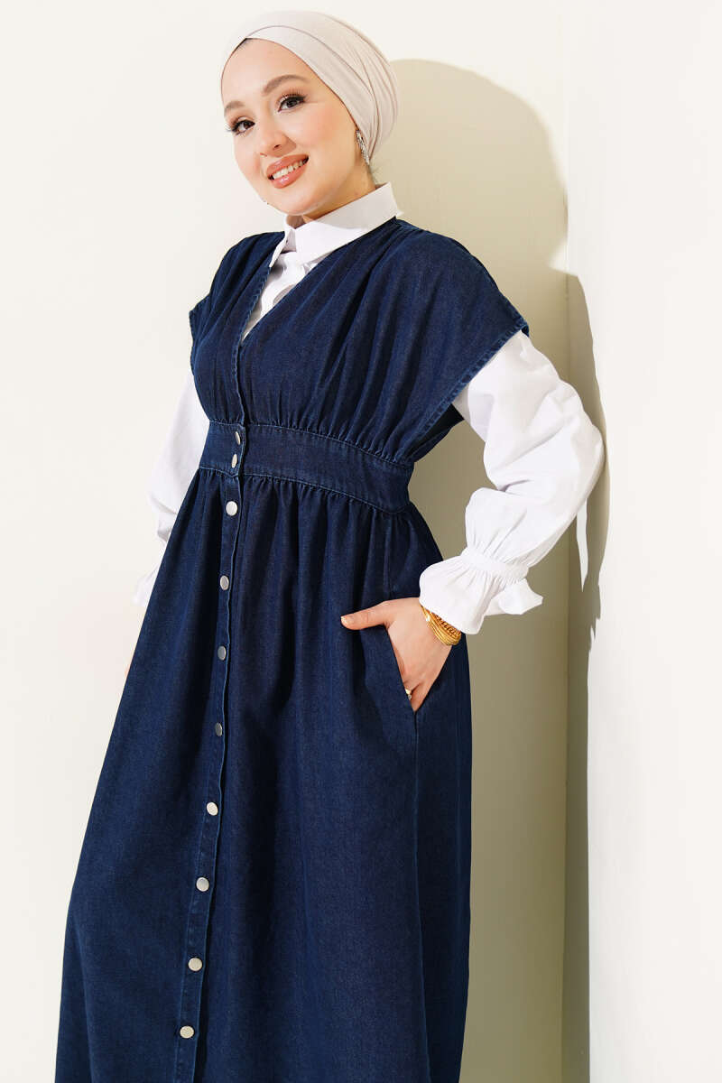 Sleeveless Denim Dress with Metal Buttons - Navy