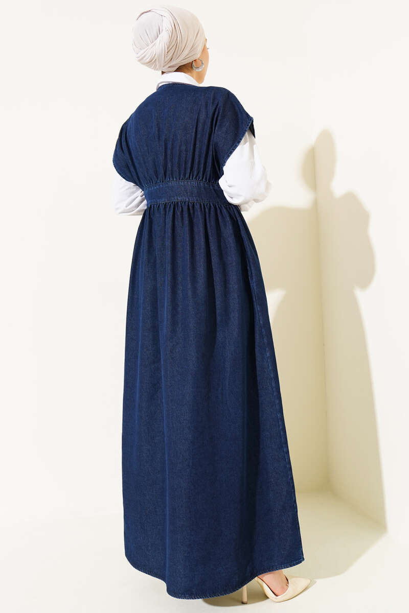 Sleeveless Denim Dress with Metal Buttons - Navy