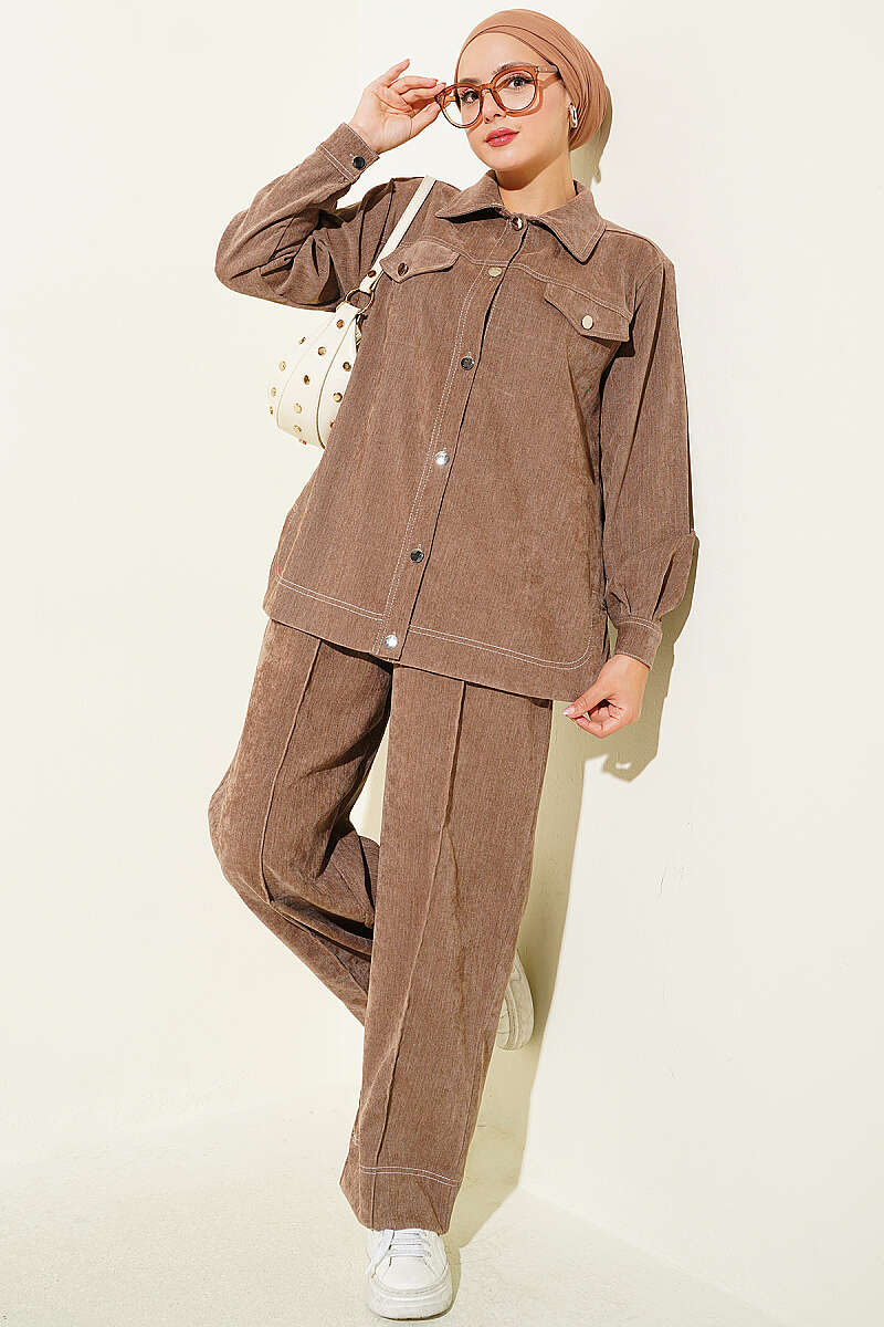 Denim Two-Piece Set with Metal Buttons - Mink
