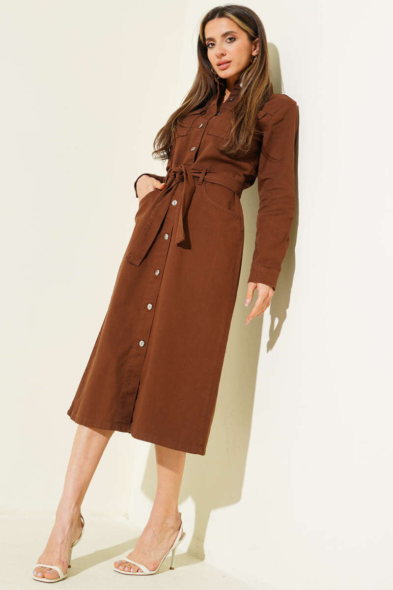 Belted Gabardine Midi Dress with Metal Buttons - Brown